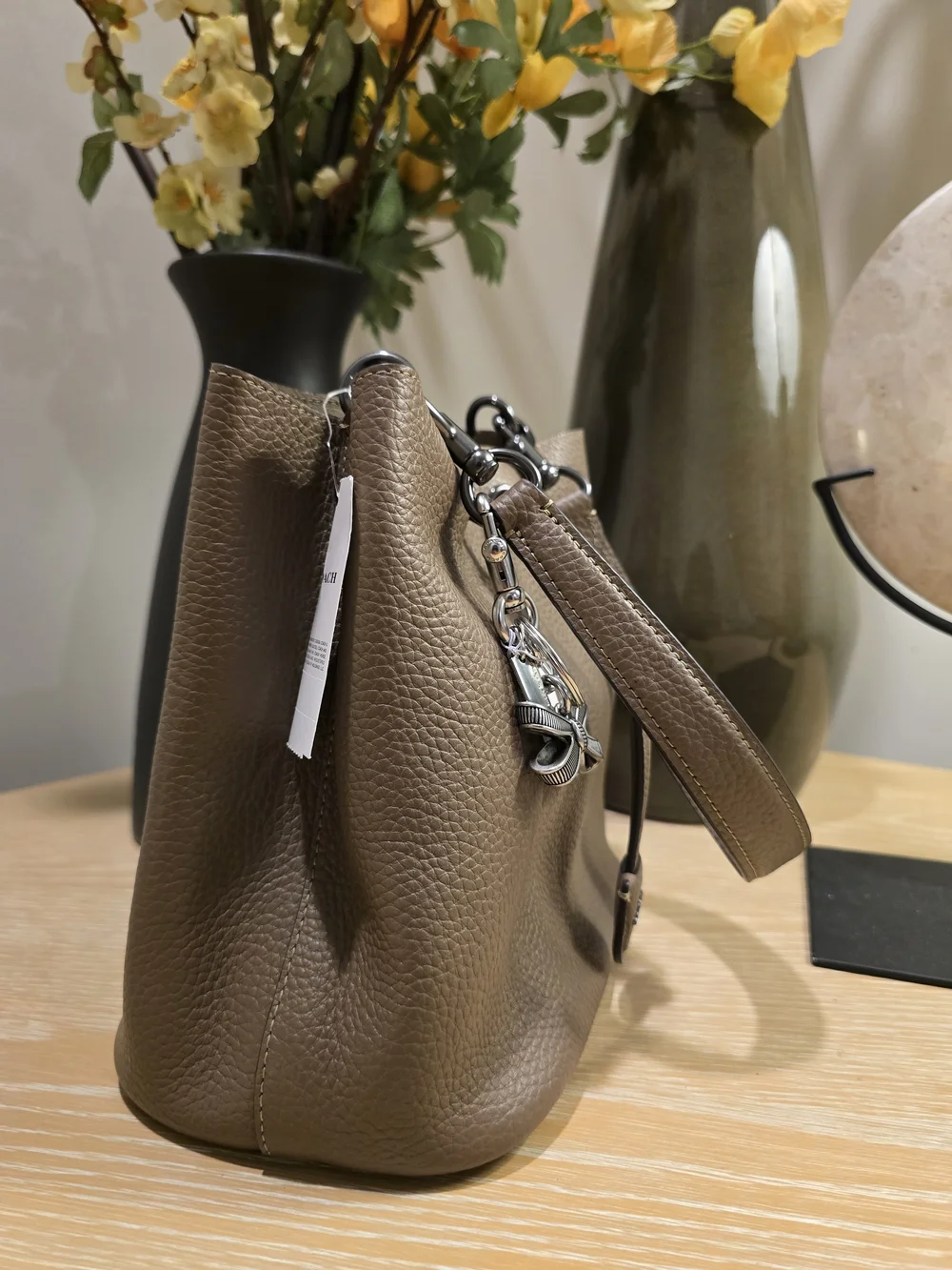 Coach Pebbled Leather Drawstring Bucket Bag - Taupe w/Coach Charm & Wallet